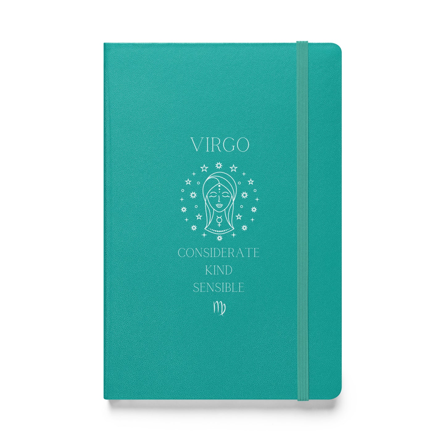 Turquoise hardcover notebook with the word "virgo" at the top with the mage of the women that represents the virgo, followed by three traits of the virgo and the virgo zodiac sign