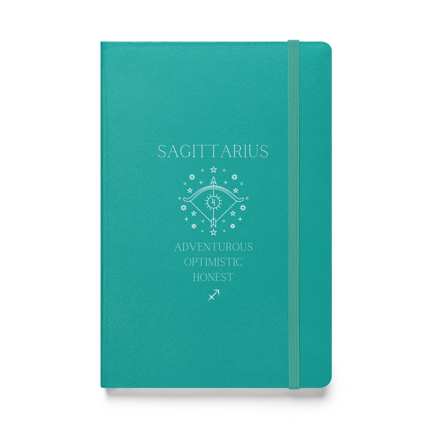 A turquoise hardbound notebook with the word "Sagittarius" at the top and the image of a bow, as well as three characteristics and the zodiac sign