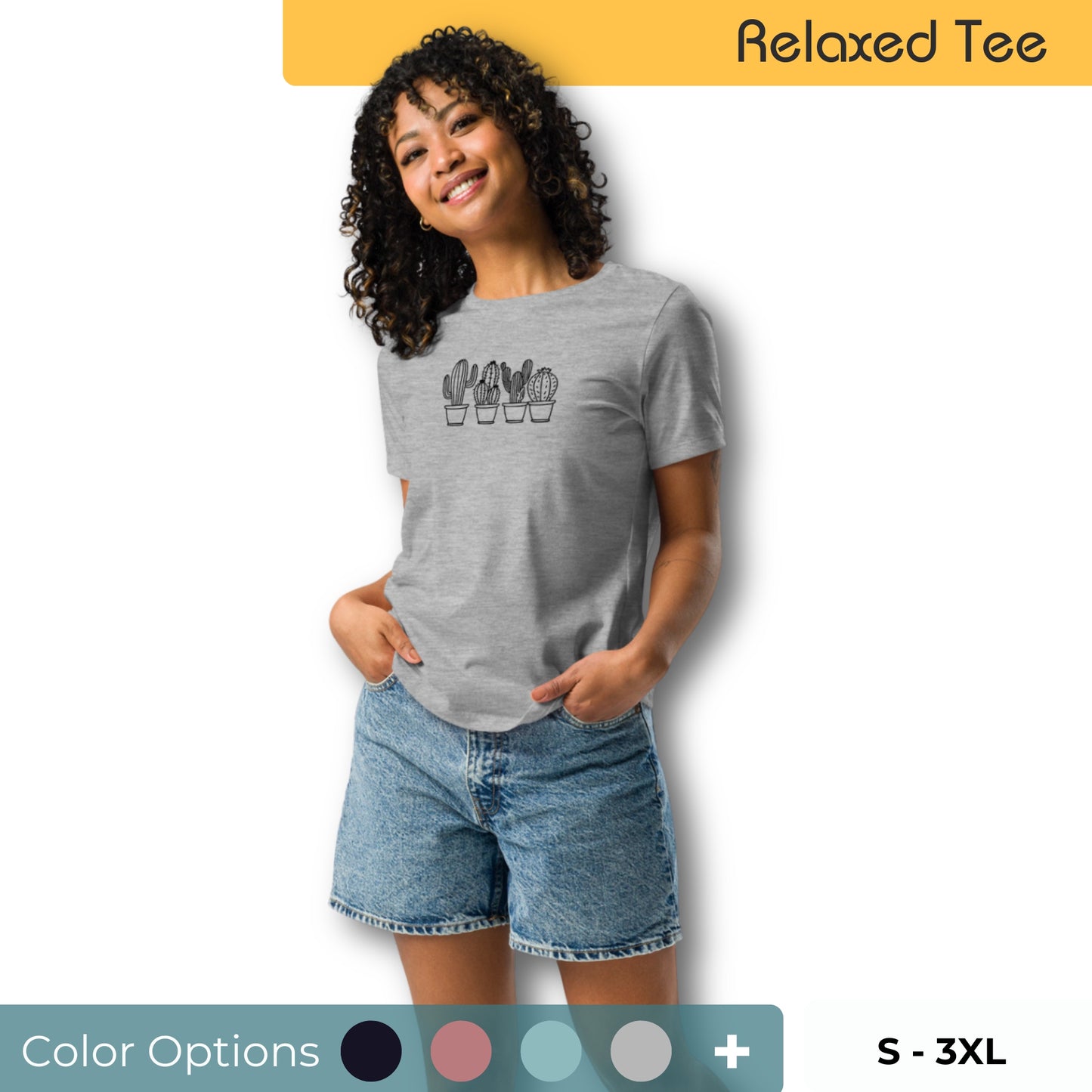 Woman wearing a relaxed tee with a subtle cactus line art design, showcasing comfortable and authentic fashion by BYOL. Showing multiple color and size options