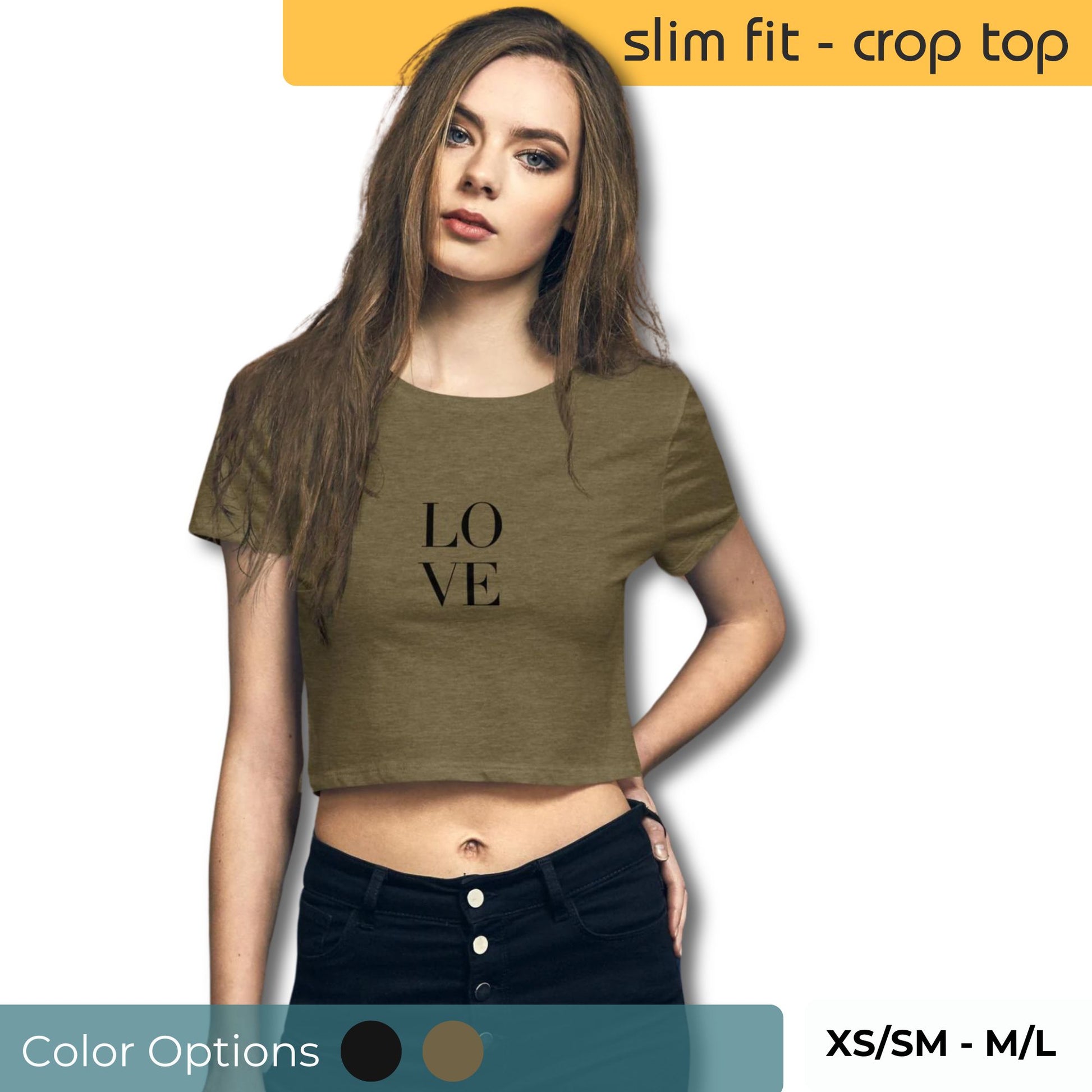 Woman in a slim-fit heathered green crop top with bold 'LOVE' lettering, paired with high-waisted black jeans, available in sizes XS/SM to M/L.