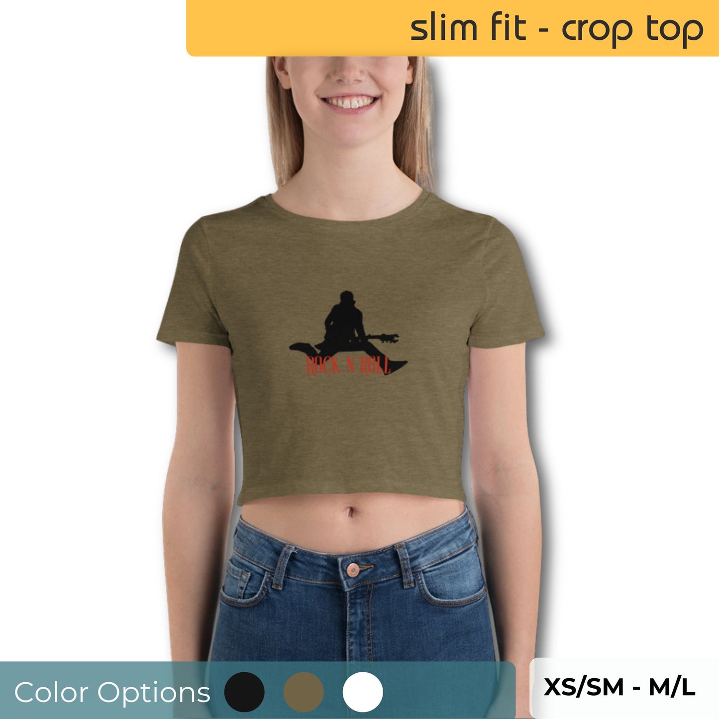 Cheerful woman modeling a slim fit olive green crop top with a "Rock N Roll" slogan and guitar player silhouette, available in sizes XS/SM to M/L.