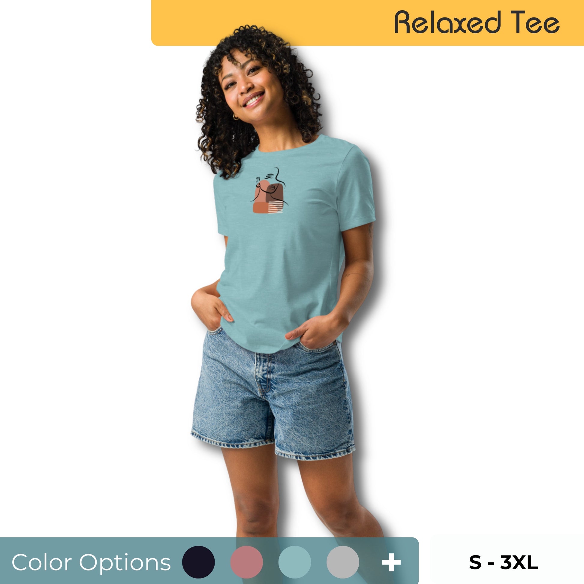 Woman wearing a relaxed tee with a minimalist portrait graphic design, representing comfortable and authentic fashion by BYOL. Showing multiple color and size options