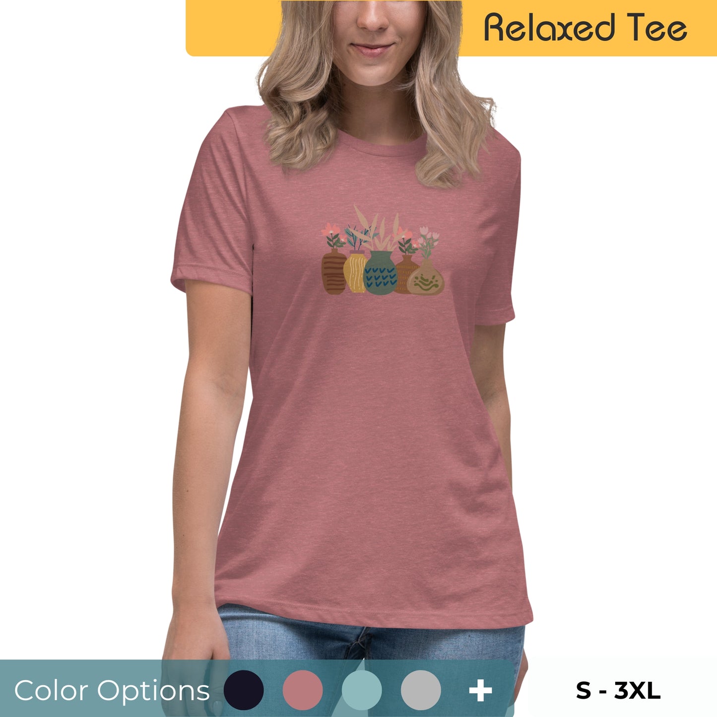 Woman wearing a relaxed tee with a charming vase floral graphic design, embodying comfortable and authentic fashion by BYOL. Showing multiple color and size options