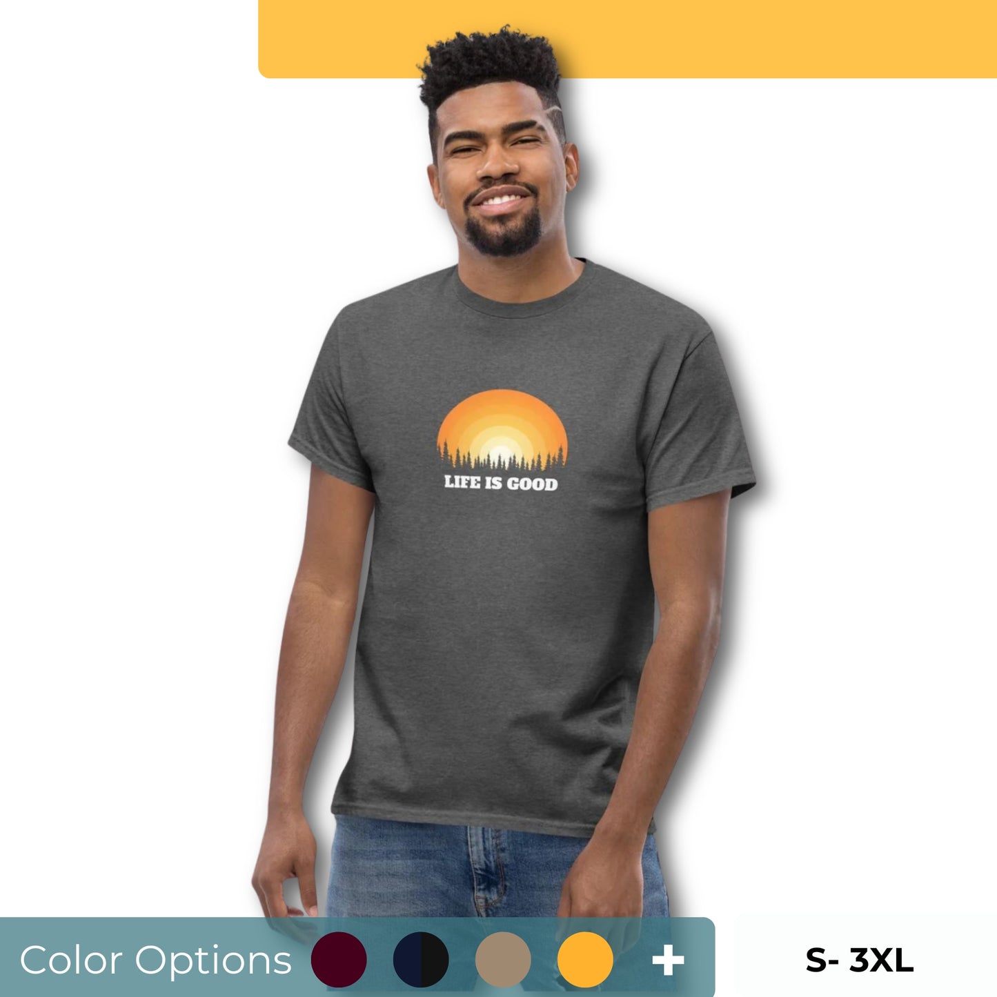 Happy man wearing a heather grey classic tee with a vibrant sunset graphic and 'Life Is Good' slogan, inspiring positivity and joy. Also showing the color and size options