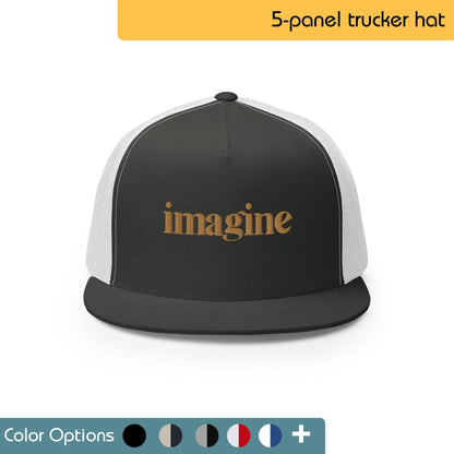 Blue trucker hat with the word "IMAGINE" embroidered in white on the front. Text "Classic Trucker Cap" is written above the image, and "Color Options+" is written below the image.