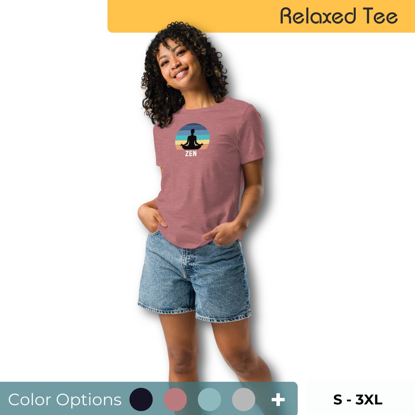 Woman in dark blue t-shirt with Zen sunset graphic showing the color and size options