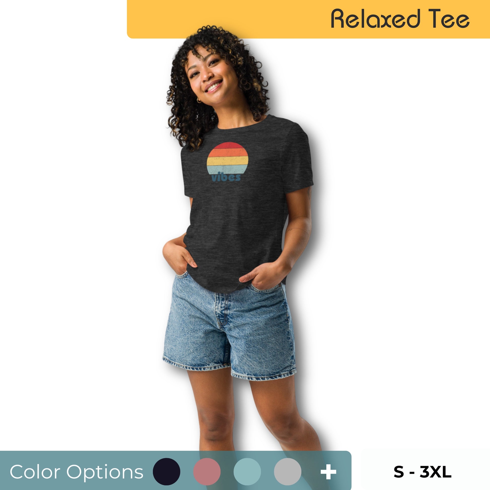 Woman wearing a navy relaxed t-shirt with retro 'good vibes' graphic showing the color and size options