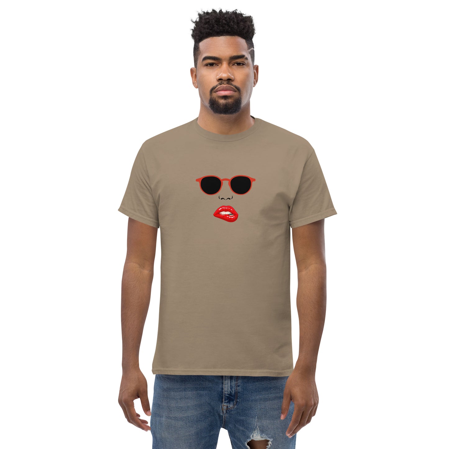 Man wearing a savana brown classic tee with a quirky red lips and sunglasses graphic, channeling a fun and bold personal style statement.