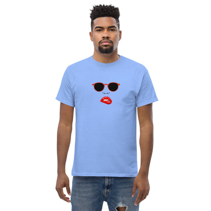 Man wearing a carolina blue classic tee with a quirky red lips and sunglasses graphic, channeling a fun and bold personal style statement.