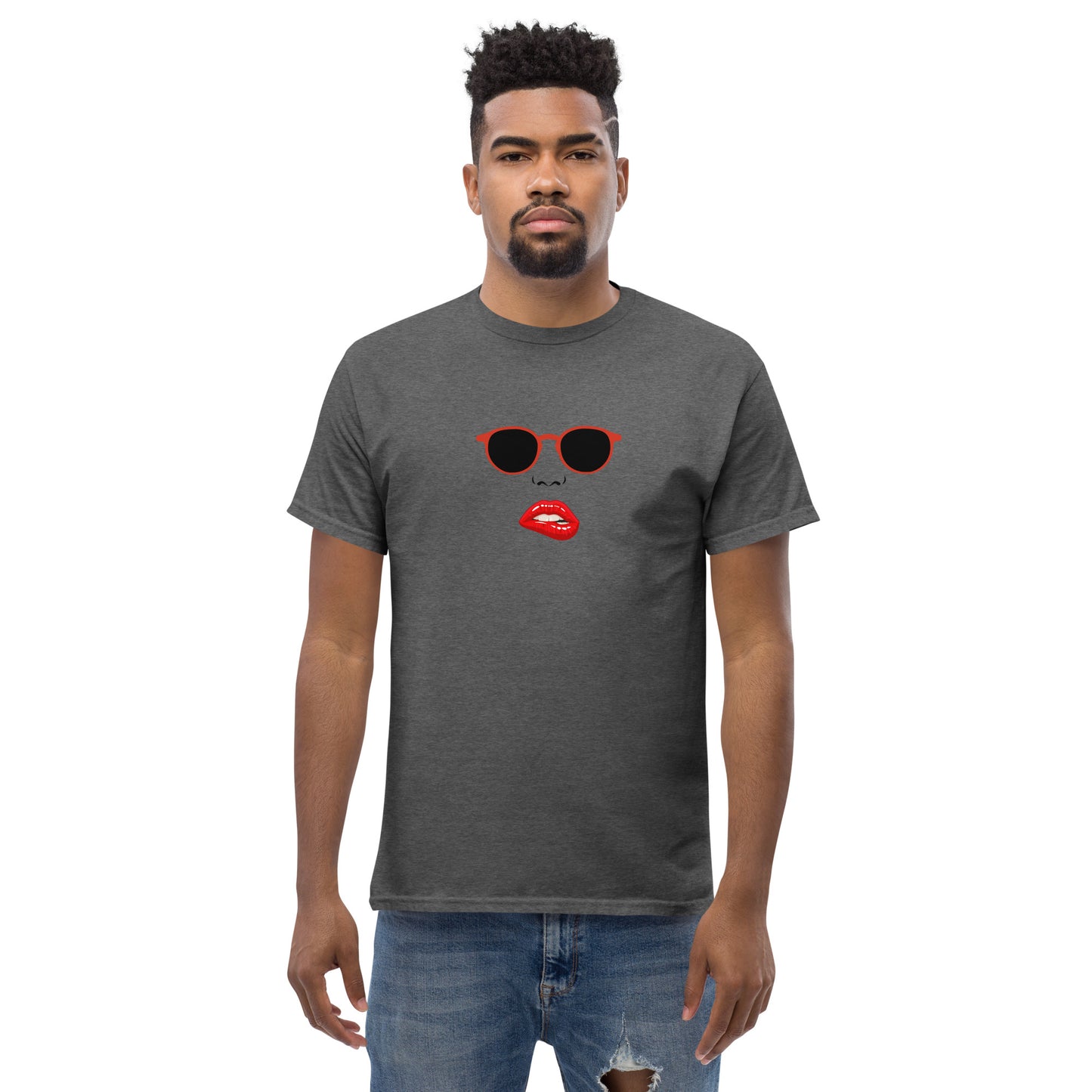 Man wearing a heather grey classic tee with a quirky red lips and sunglasses graphic, channeling a fun and bold personal style statement.