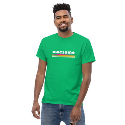 Confident man sporting an irish greeb classic tee with a retro 'awesome' design, embodying a cool, empowering vibe.