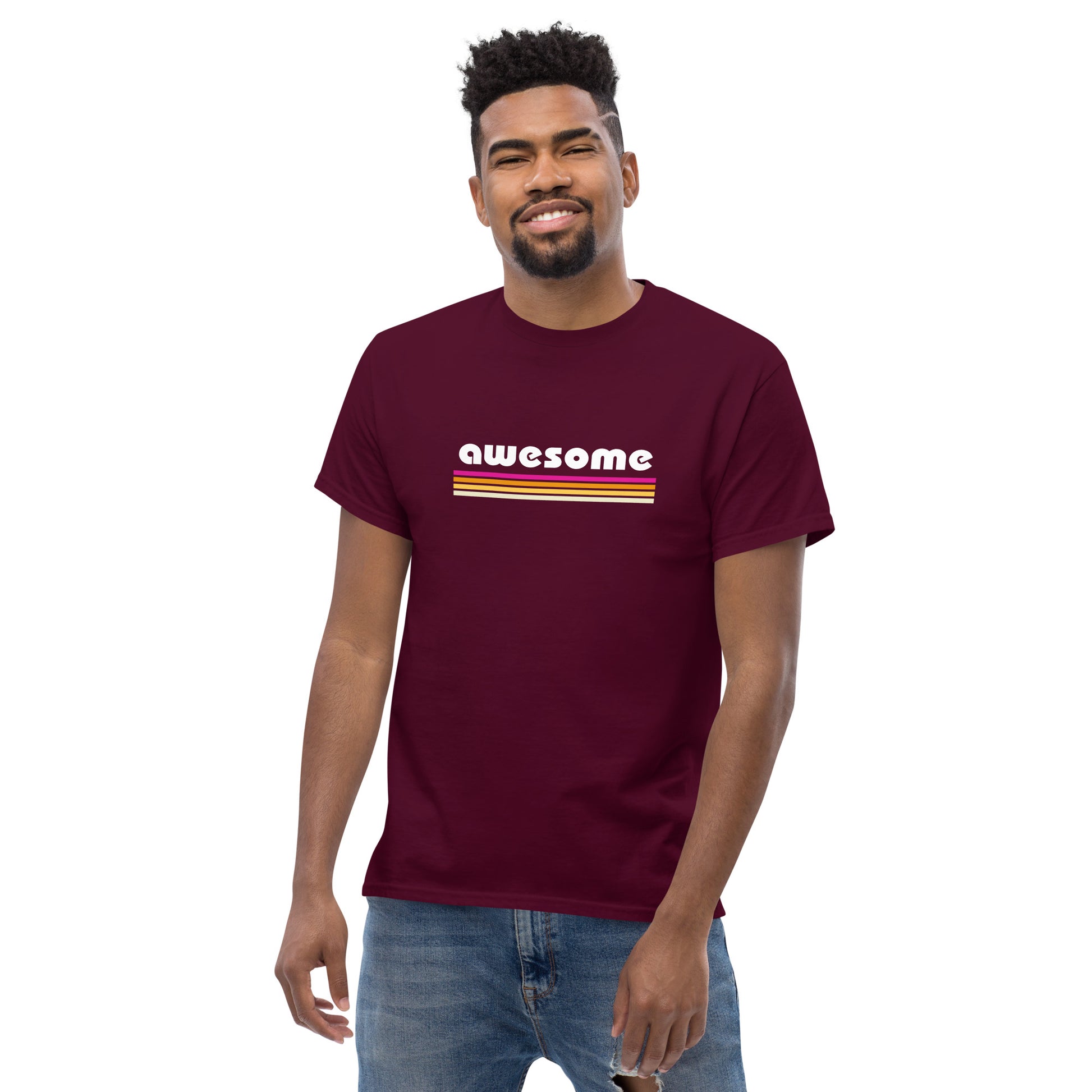 Confident man sporting an maroon classic tee with a retro 'awesome' design, embodying a cool, empowering vibe.