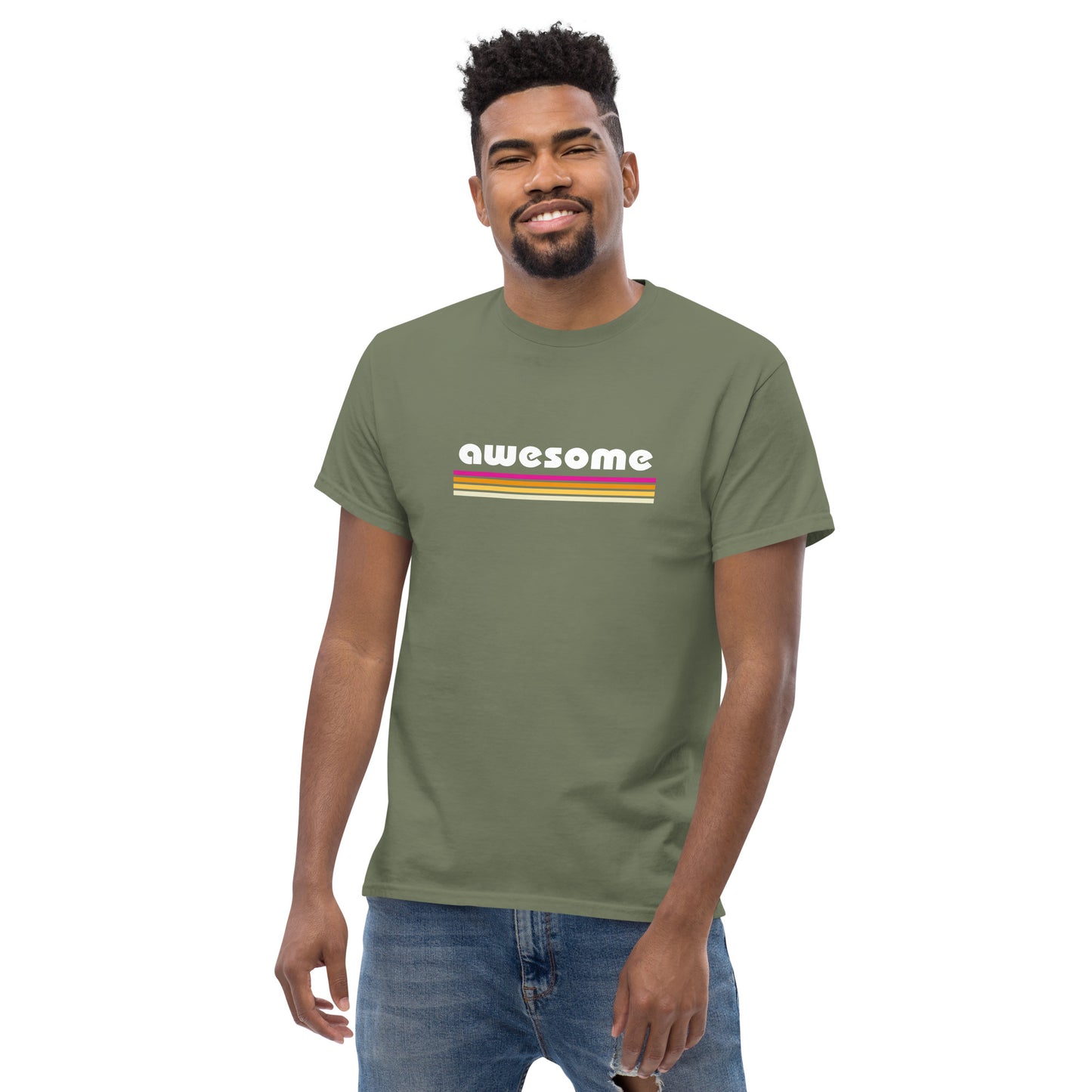 Confident man sporting an military green classic tee with a retro 'awesome' design, embodying a cool, empowering vibe.