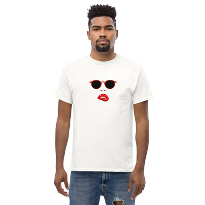 Man wearing a white classic tee with a quirky red lips and sunglasses graphic, channeling a fun and bold personal style statement.