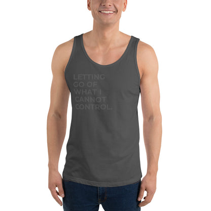 Man wearing a asphalt sleeveless tank with "Letting Go of What I Cannot Control" text. 