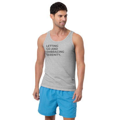 Man wearing a athletic grey sleeveless tank with "Letting Go and Embracing Serenity" text.