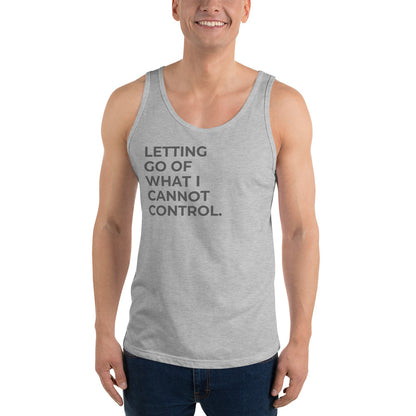 Man wearing a white athletic grey tank with "Letting Go of What I Cannot Control" text. 