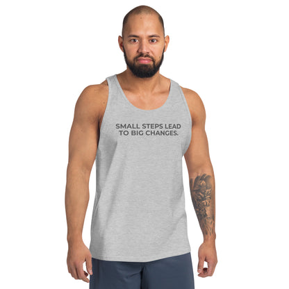 Man wearing a athletic grey sleeveless tank with "Small Steps Lead to Big Changes" text. 