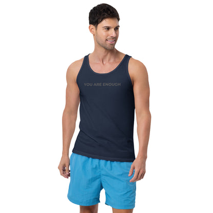 Man wearing a navy sleeveless tank with "You Are Enough" text. 