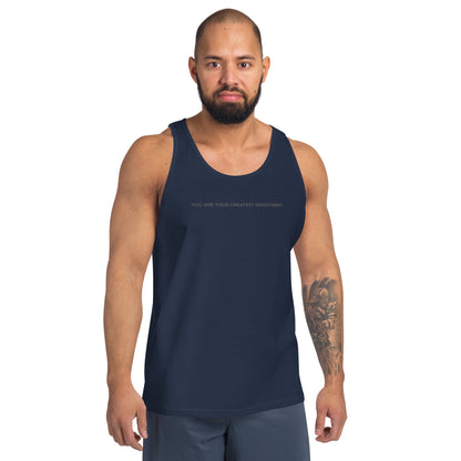 Man wearing a navy sleeveless tank with "You Are Your Greatest Investment" text. 