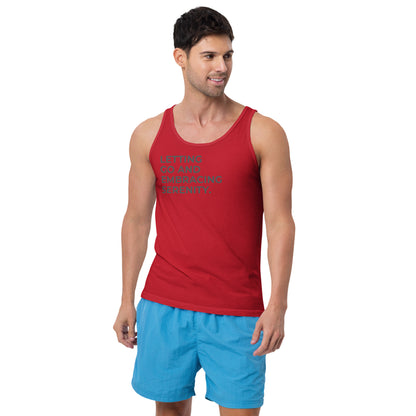 Man wearing a red sleeveless tank with "Letting Go and Embracing Serenity" text.