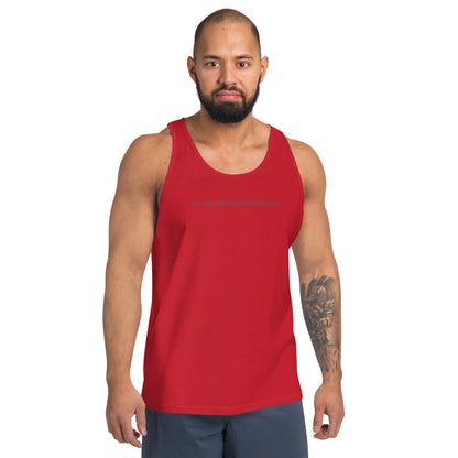 Man wearing a red sleeveless tank with "You Are Your Greatest Investment" text. 