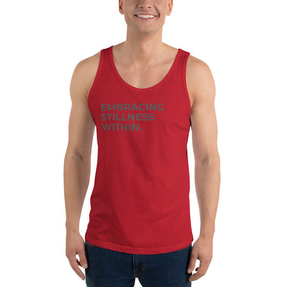 Man wearing a red sleeveless tank with "Embracing Stillness Within" text. 