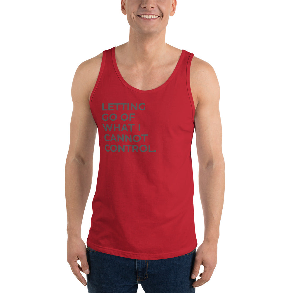 Man wearing a red sleeveless tank with "Letting Go of What I Cannot Control" text. 