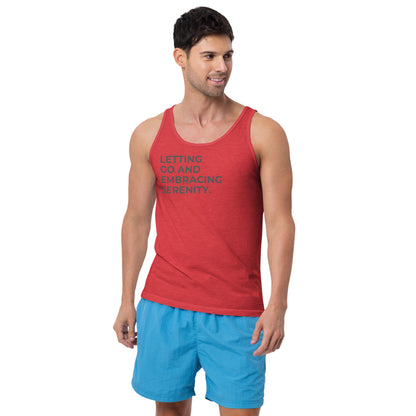 Man wearing a triblend red sleeveless tank with "Letting Go and Embracing Serenity" text.