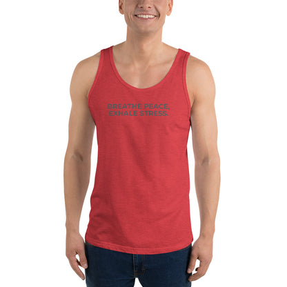 Man wearing a triblend red sleeveless tank with "Breathe Peace, Exhale Stress" text.