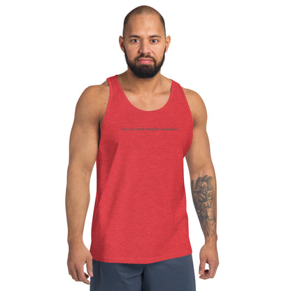 Man wearing a treiblend red sleeveless tank with "You Are Your Greatest Investment" text. 