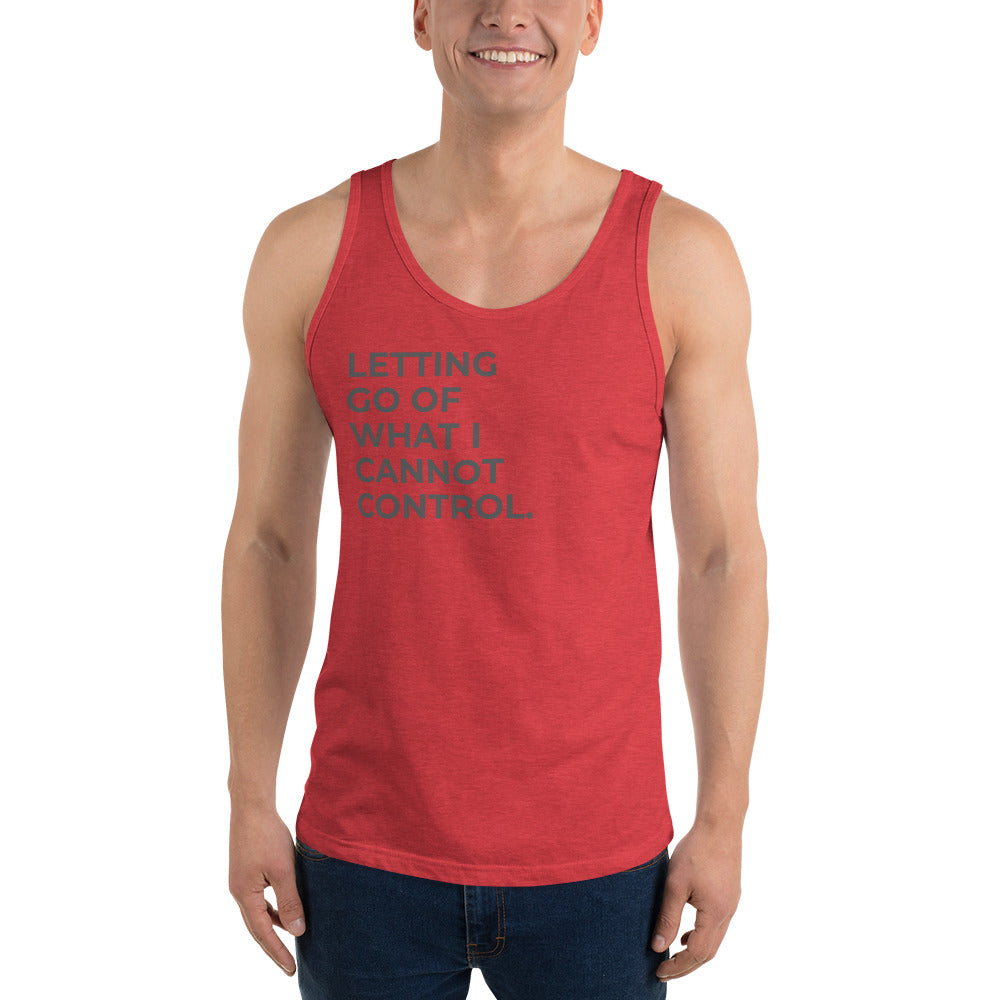 Man wearing a triblend red sleeveless tank with "Letting Go of What I Cannot Control" text. 