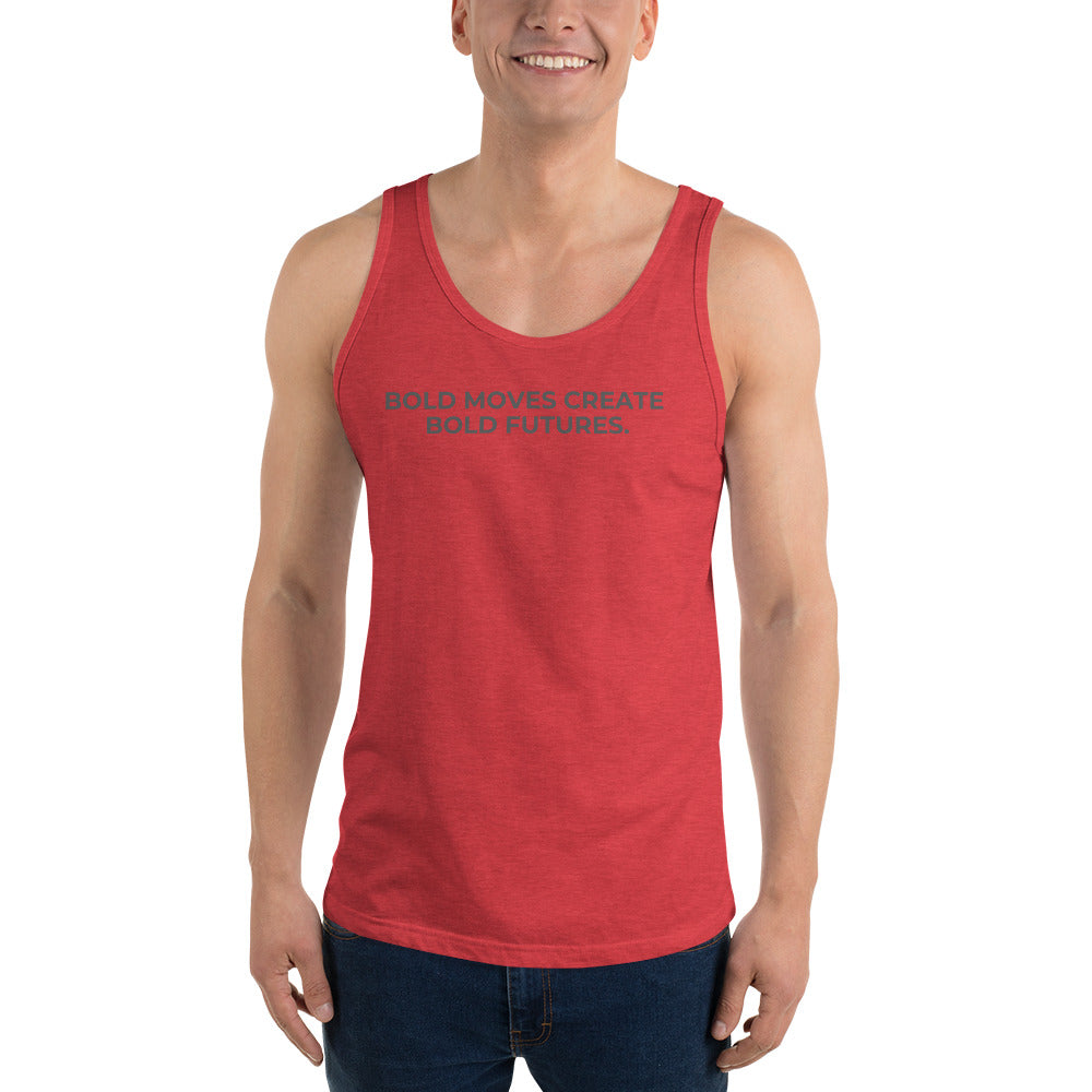 Man wearing a triblend red sleeveless tank with "Bold Moves Create Bold Futures" text. 