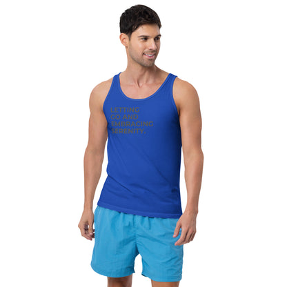 Man wearing a royal sleeveless tank with "Letting Go and Embracing Serenity" text.