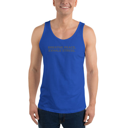 Man wearing a royal sleeveless tank with "Breathe Peace, Exhale Stress" text.