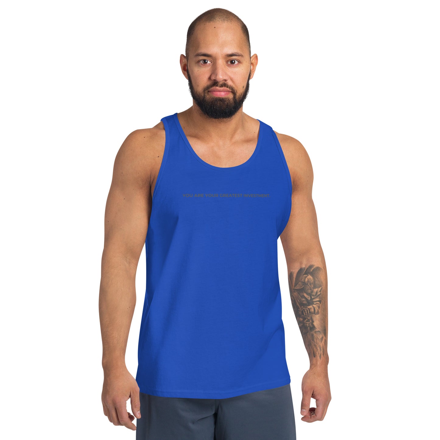 Man wearing a royal blue sleeveless tank with "You Are Your Greatest Investment" text. 