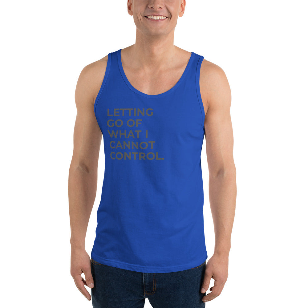 Man wearing a royal sleeveless tank with "Letting Go of What I Cannot Control" text. 