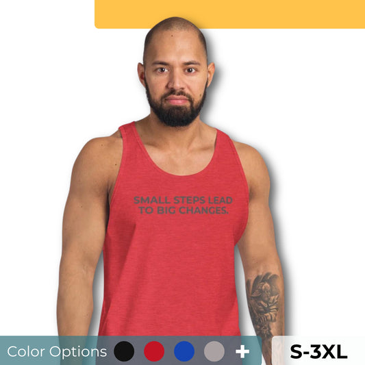 Man wearing a red sleeveless tank with "Small Steps Lead to Big Changes" text. Available in multiple colors and sizes S-3XL.