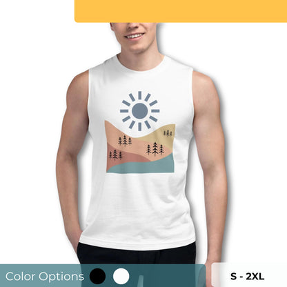 Men’s muscle tee with abstract landscape design, available in white, sizes S-2XL.