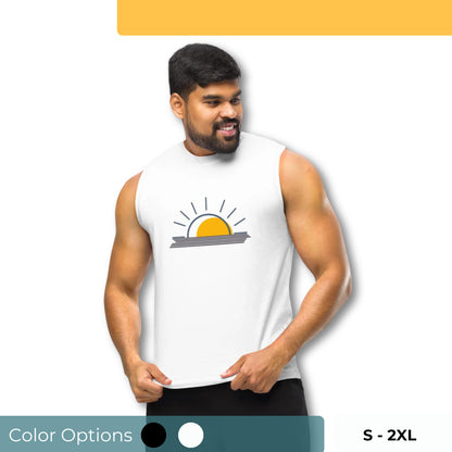 Men’s muscle tee with sunrise graphic, available in black and white, sizes S-2XL.