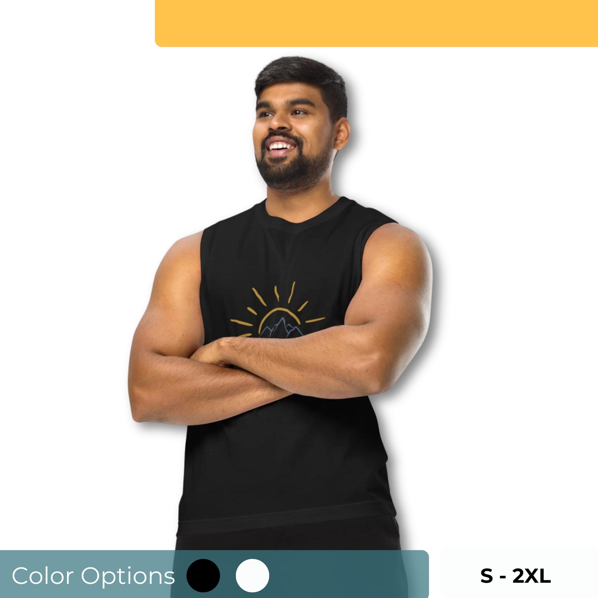 Men’s muscle tee with mountain sunrise design, available in black, sizes S-2XL.