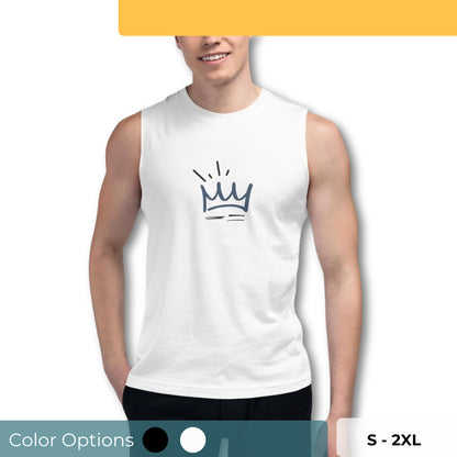 Men’s white muscle tee with crown graphic, available in white, sizes S-2XL.