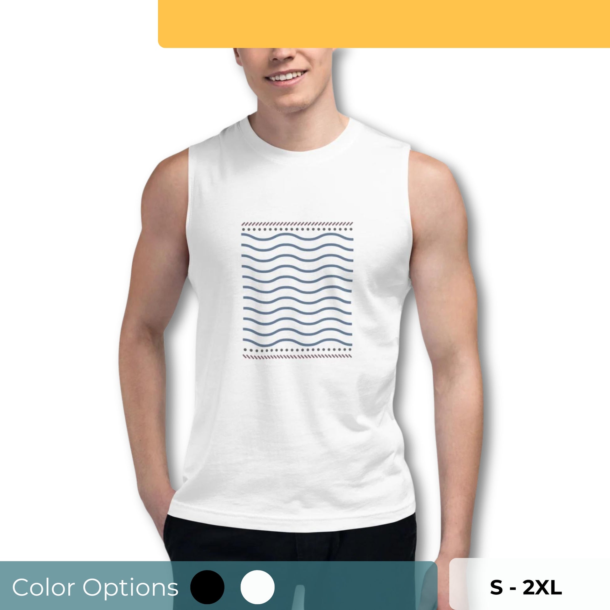 Men’s muscle tee with wave pattern, available in white, sizes S-2XL.