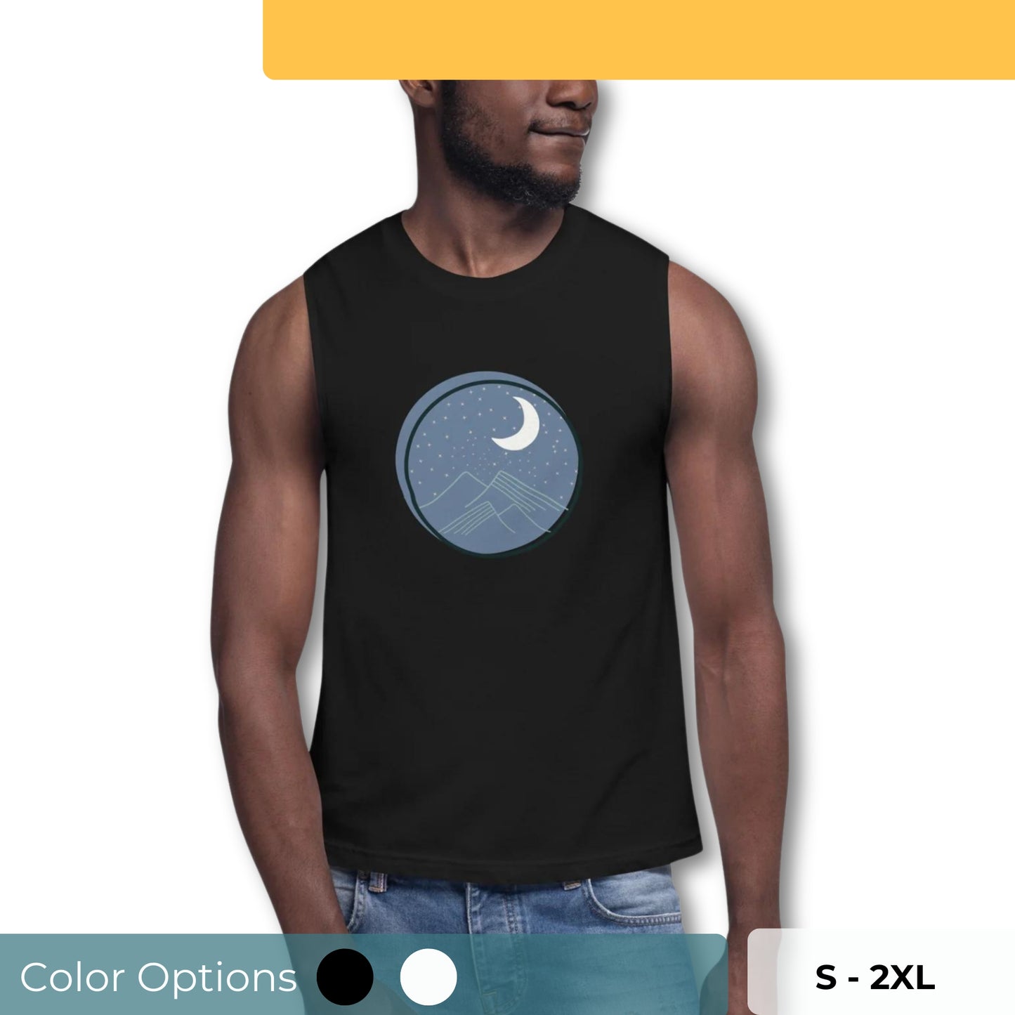 Men’s black muscle tee with moon and mountain design.