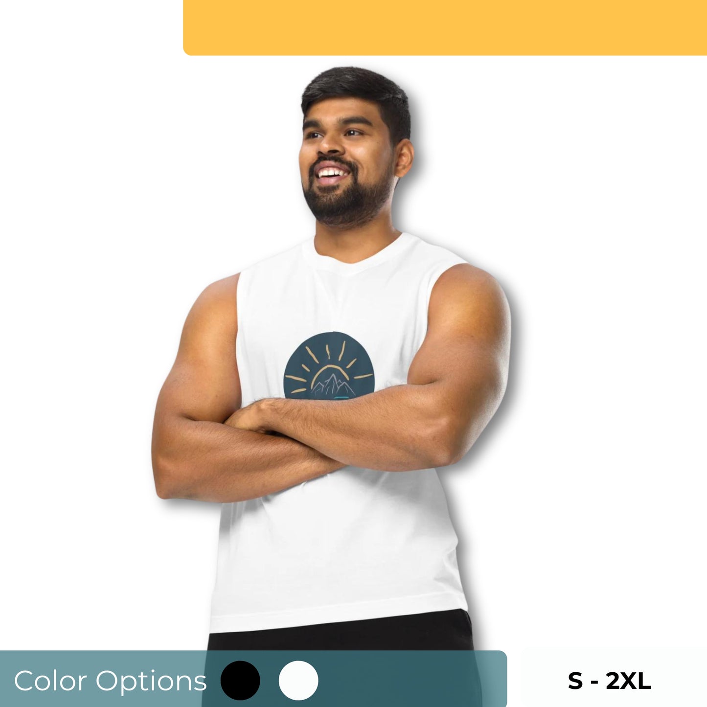 Men’s muscle tee with mountain sunrise design, available in white, sizes S-2XL.