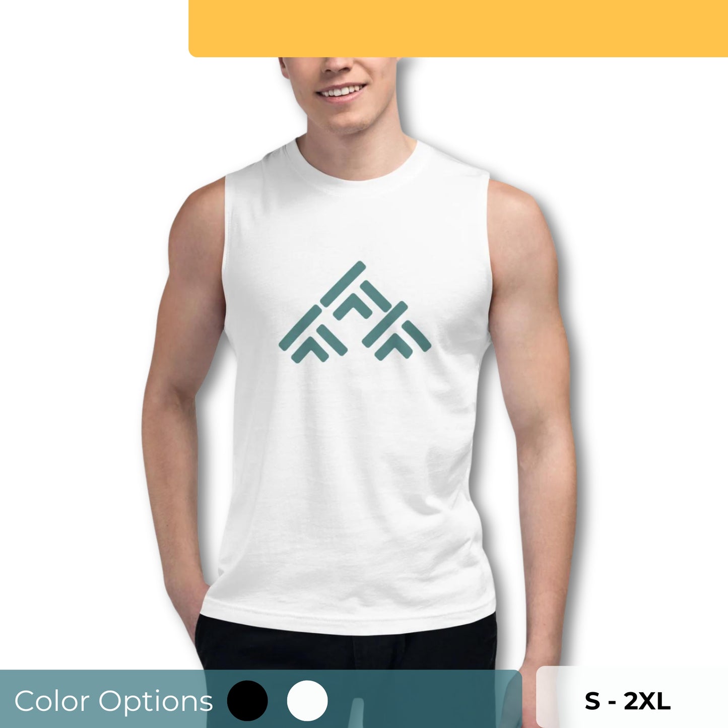 Men’s muscle tee with geometric pattern, available in white, sizes S-2XL.