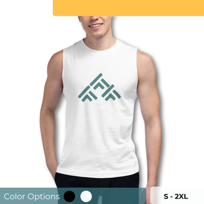 Men’s muscle tee with geometric pattern, available in white, sizes S-2XL.