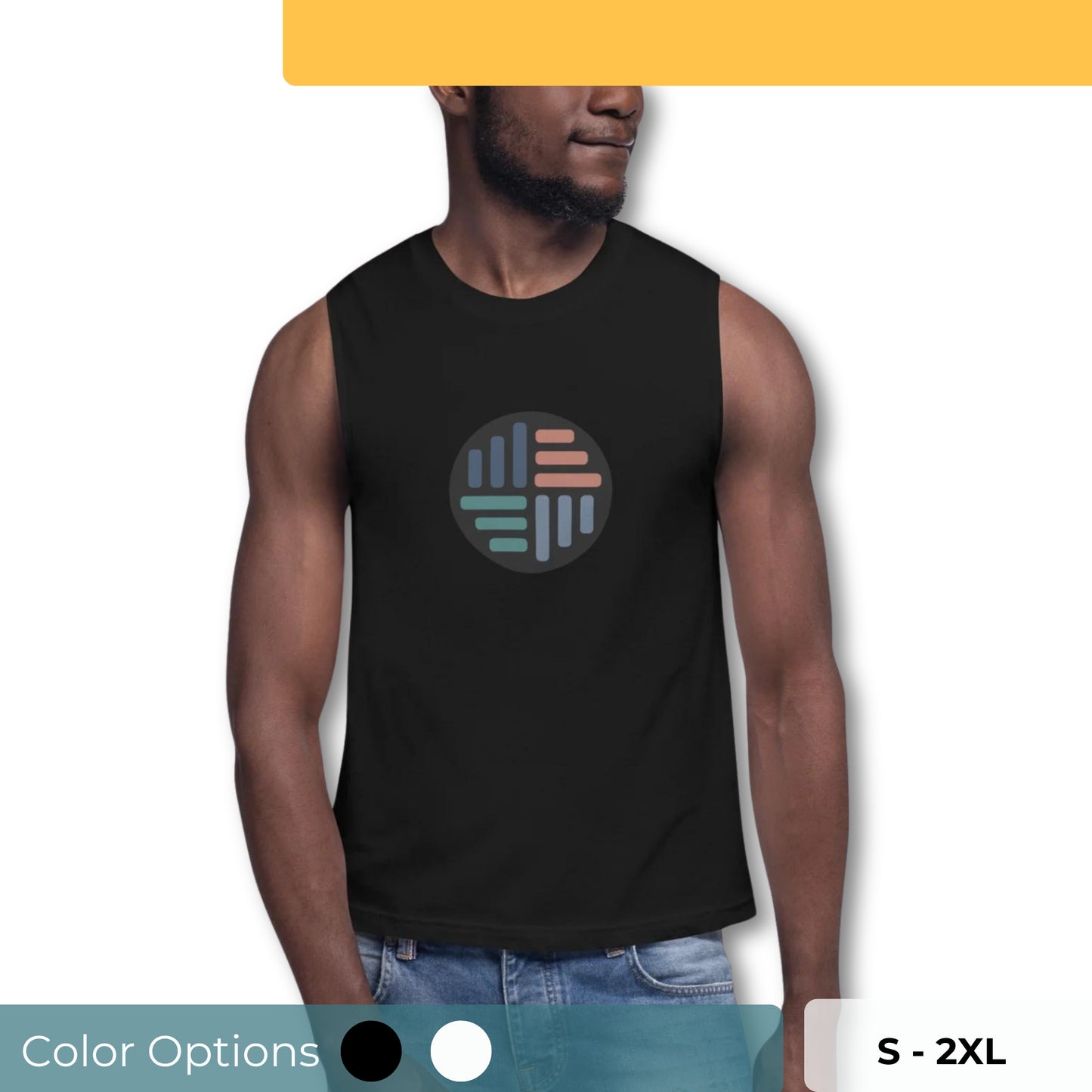 Men’s muscle tee with geometric circle pattern, available in black, sizes S-2XL.