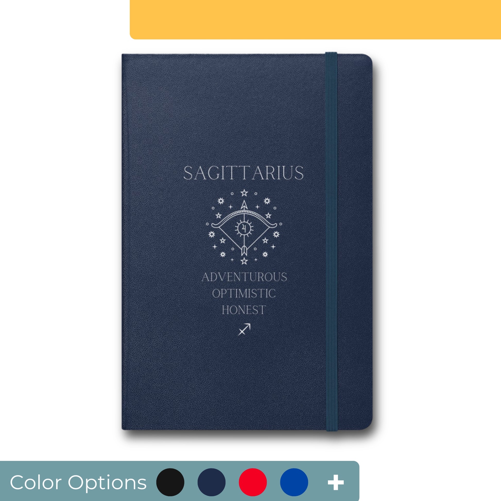 Dark blue notebook with elastic closure featuring a Sagittarius zodiac sign design in white, depicting a centaur archer symbol surrounded by stars and the words 'Adventurous, Optimistic, Honest' to describe Sagittarius traits.