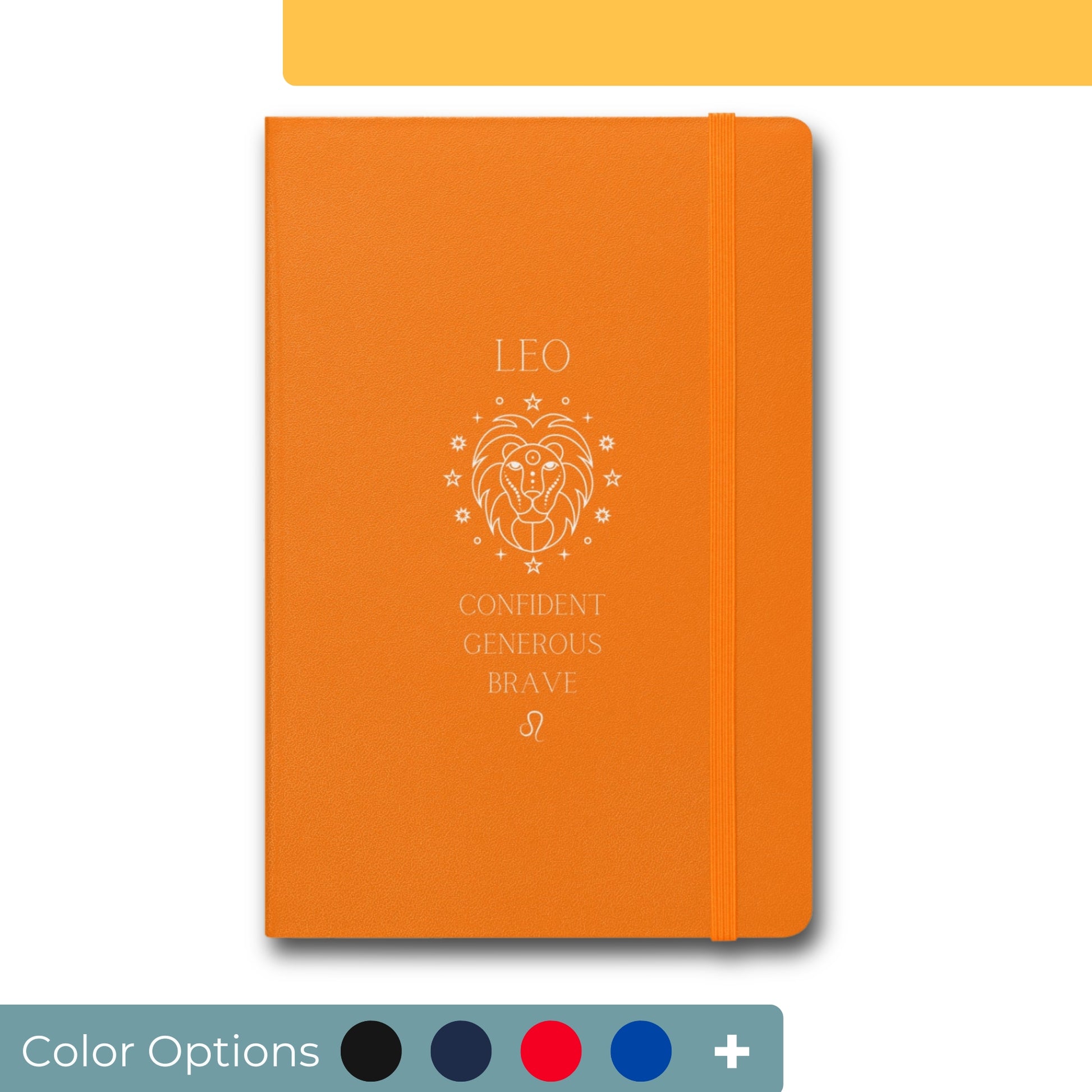 Orange notebook with elastic closure featuring a white Leo zodiac sign design, depicting a stylized lion surrounded by stars with the attributes 'Confident, Generous, Brave' listed below to represent Leo characteristics.